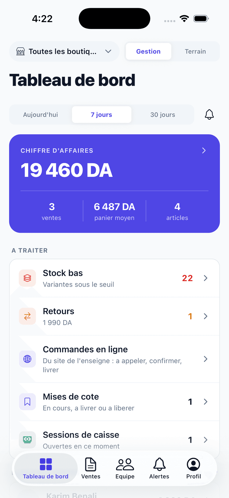 Le tableau de bord du gerant sur son telephone